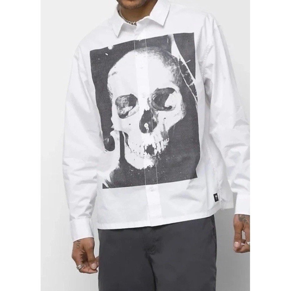 Vans Skull Long Sleeve Woven Button Up‎ Shirt Men's M Loose Fit Edgar White NWT